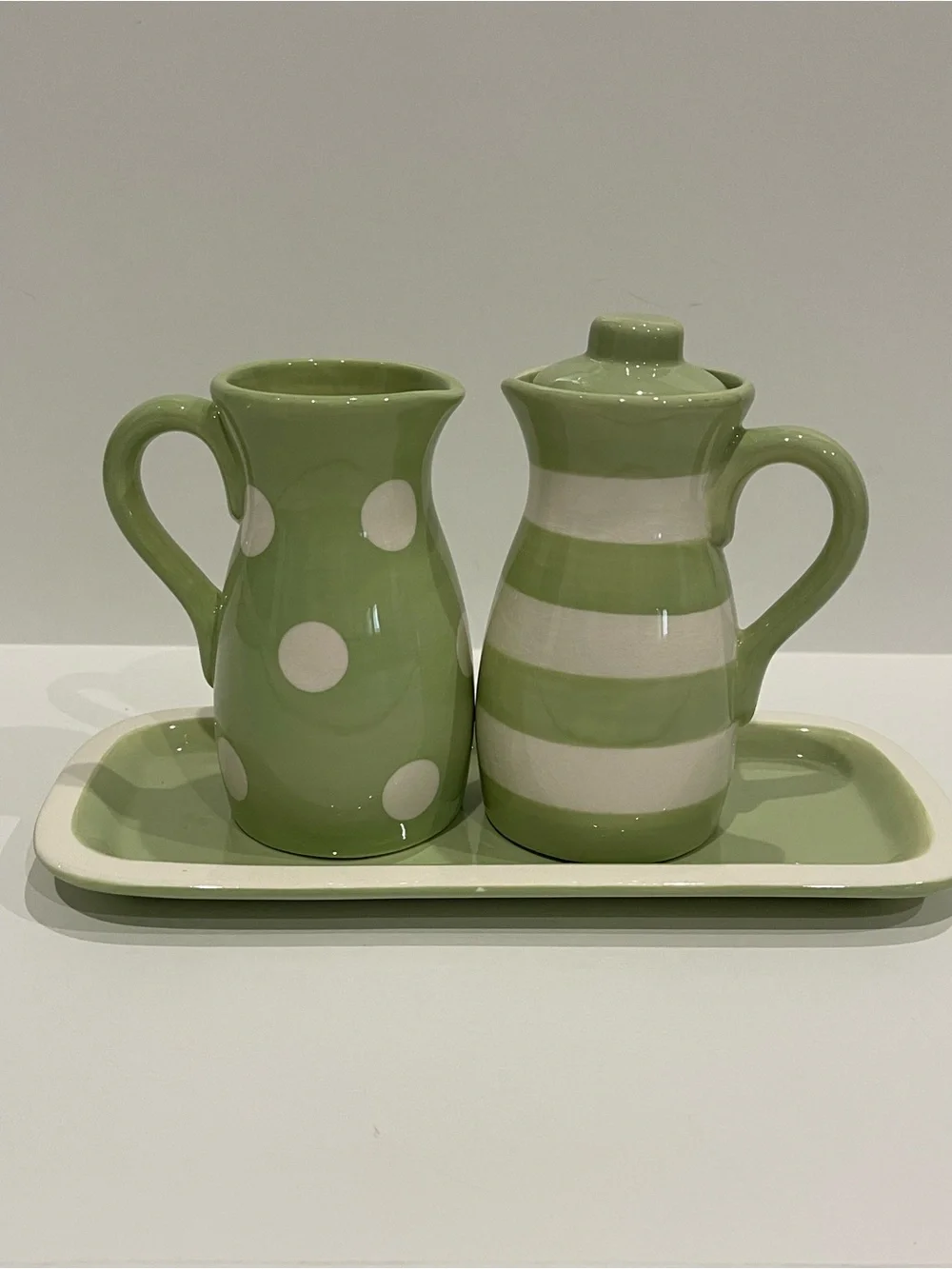 Hallmark Green and White Polka Dot & Stripe Ceramic Creamer Set with Tray